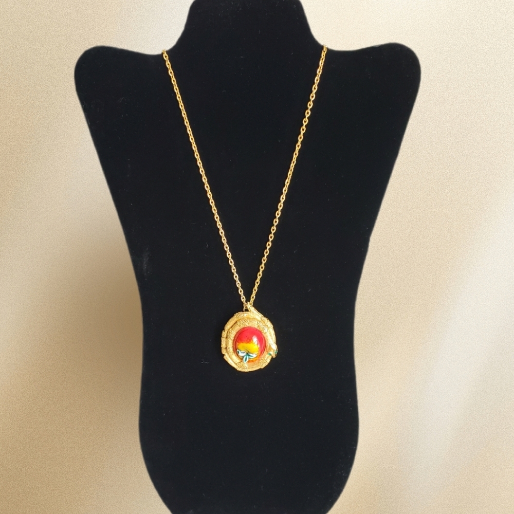 Vintage 70s Artisan Gold and Red Apple Enamel Perfume Locket Pendant Necklace